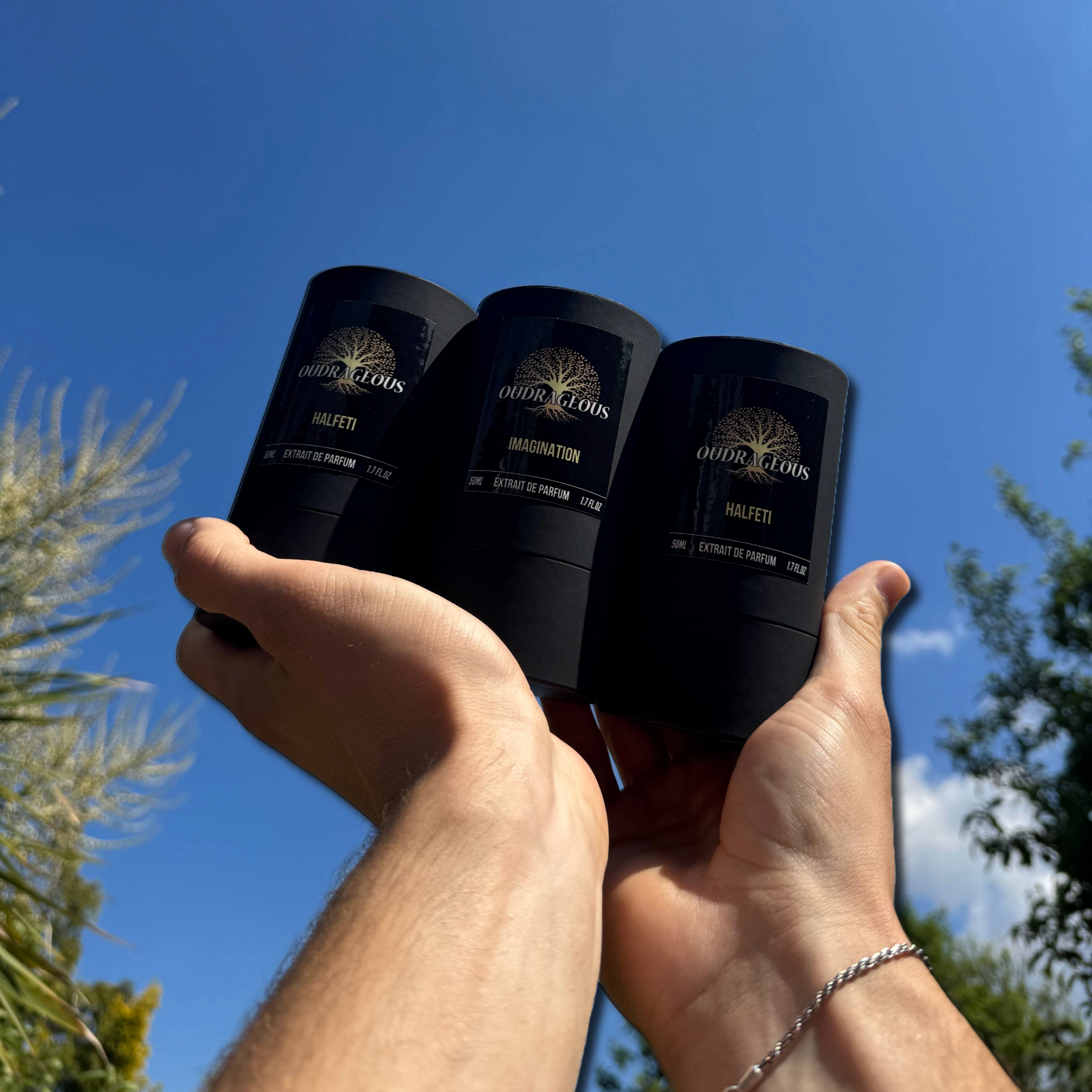 A person's hands holding three cologne bottles with black packaging, against a blue sky and greenery in the background.